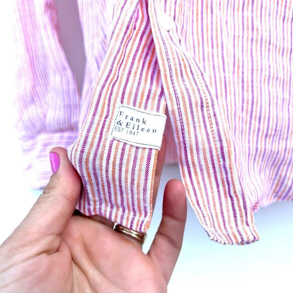 Frank & Eileen Barry Linen Striped Button Up Shirt Top Pink White Large Yellow - Picture 4 of 7